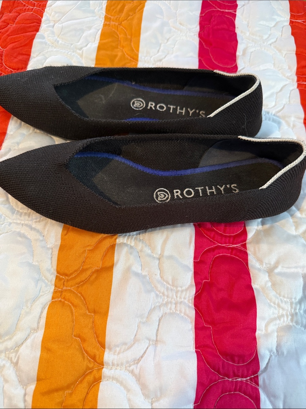 Rothy's Black Pointed Knit Slip-On Flats with White Trim